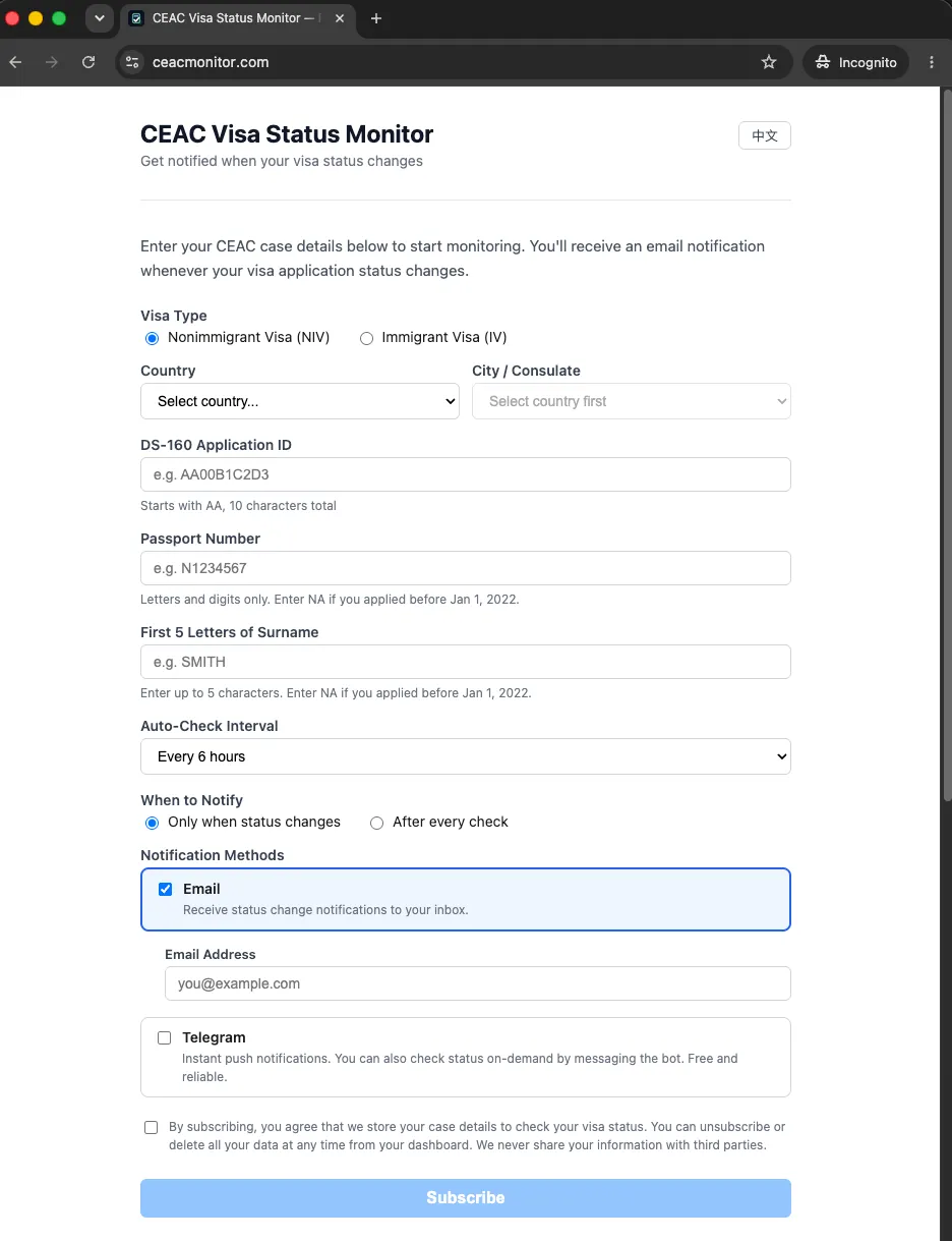 The sign-up form: visa case fields, a check interval, notification preferences, and channel choice.